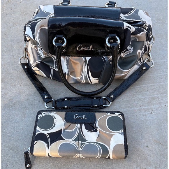 Coach Handbags - Coach Ashley Satchel and Wallet Set Grey Black Abstract F17650